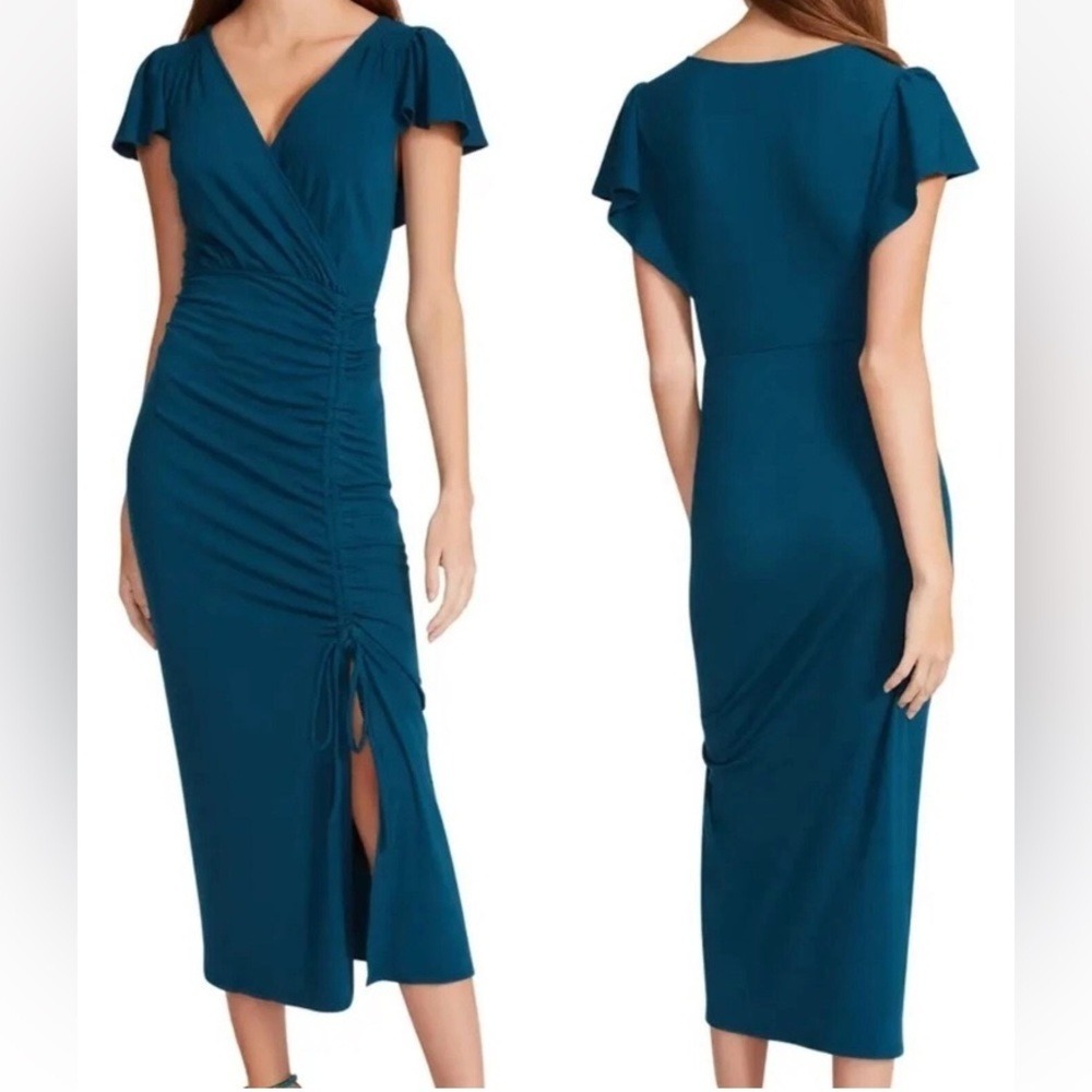 Betsey Johnson Teal Ribbed Flutter Sleeve Ruched Midi Dress XL